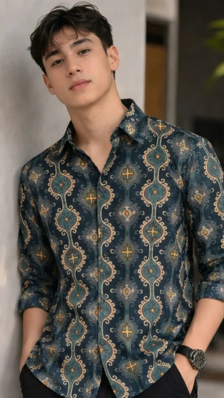 Men's Ram Green Colour fabric Linen, Full Sleeve, Pattern abstract