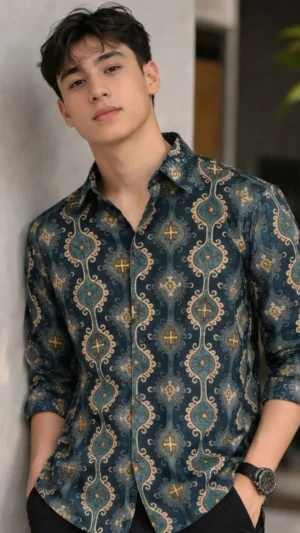 Men's Ram Green Colour fabric Linen, Full Sleeve, Pattern abstract