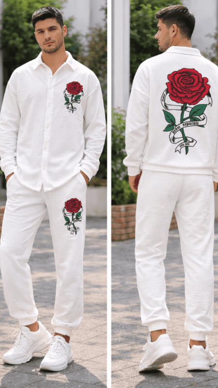 Men’s Full Sleeve Relaxed Fit Casual Co-ord Set (White Rose Print)