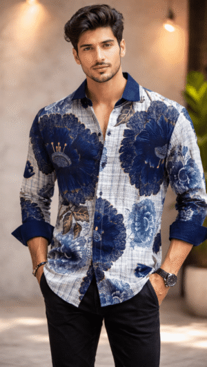 Men's Gray & Blue print, Pc Foil Print, Relaxed Fit,Full Sleeve, Abstract Print, Casual Shirt