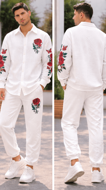 Men’s Full Sleeve Relaxed Fit Casual Co-ord Set (White Rose Print)
