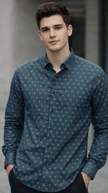 Premium Geometric Printed Steel Blue Shirt