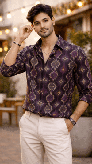 Men's Cream & Purple, Fabric PC Foil Print, Relax Fit, Full Sleeve, Full Length, Length : Full length, Pattern Abstract Casual Shirt.