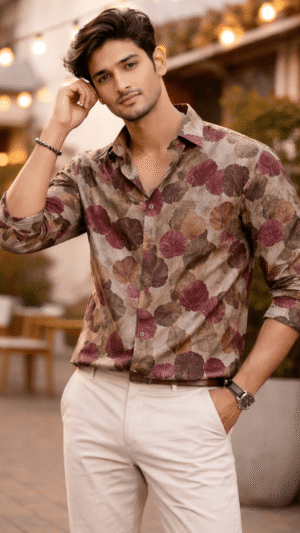Men's Cream & Purple, Fabric PC Foil Print, Relax Fit, Full Sleeve, Full Length, Length : Full length, Patten Abstract Casual Shirt.