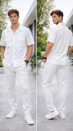 Men's matching shirt and pants set.