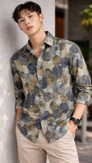 Men's Blue, Dark Navy or Indigo, Linen, Full Sleeve, Relaxed Fit, Abstract Foil Print, Casual Shirt.