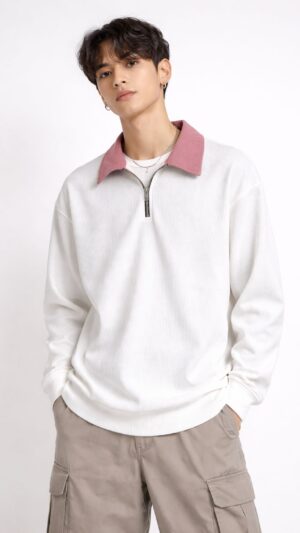 Men's Off White & Light pink Collar fabric Impoted self Cotrai Full Sleeve Neck polo collar Pattern ribbed self