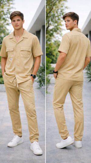 Men's matching shirt and pants set.