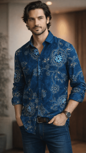 Men 's Royal Blue, Pc, Foil Print, Relax Fit, Full Sleeve, Abstract Print Casual Shirt.
