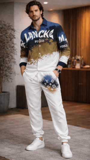 Men's Navy Blue and Golden -Mustard Print, Relaxed Fit, Long Sleeve, abstract Co-Ord Set