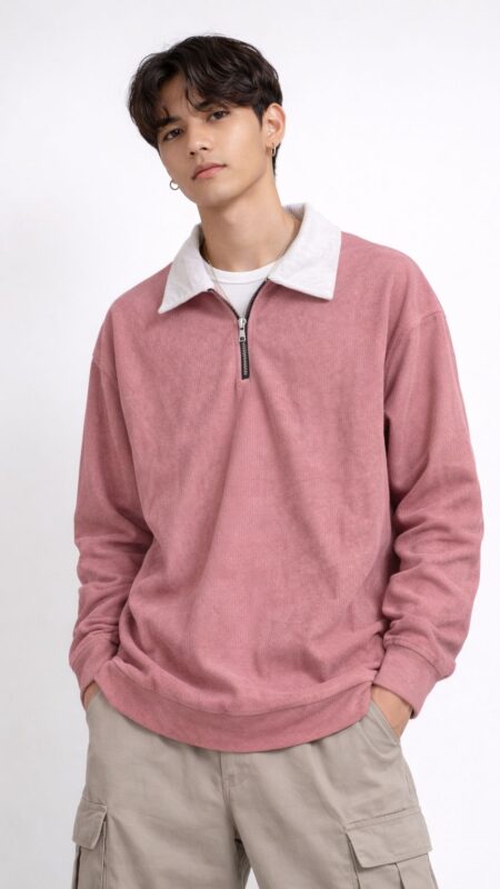 Men's dusty pink & off - white collar,  Imported Self Cotrai Relaxed Fit,Full Sleeve, Standard-length, Pattern Ribbed self-Design, Causual Tshirt