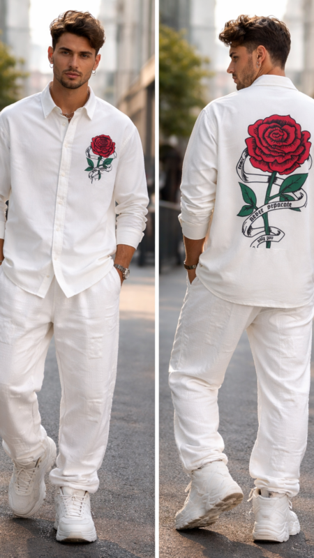 Men’s Full Sleeve Relaxed Fit Casual Co-ord Set (White Rose Print)