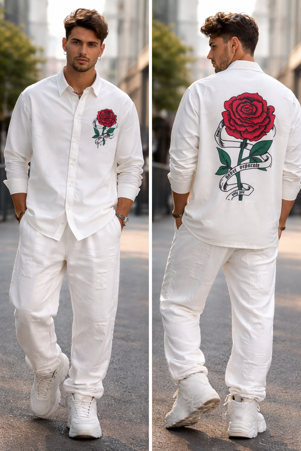 Men’s Full Sleeve Relaxed Fit Casual Co-ord Set (White Rose Print)
