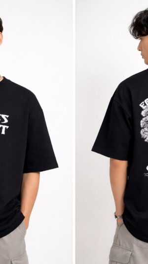 Men's Black Caloor, Cotton Loopnet,  dropped shoulders,Length  extra-long, Half Sleeve Plain black base,
