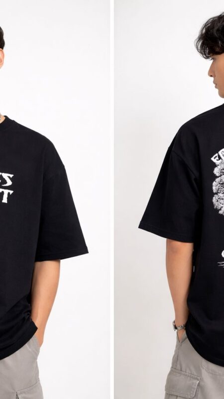 Men's Black Caloor, Cotton Loopnet,  dropped shoulders,Length  extra-long, Half Sleeve Plain black base,