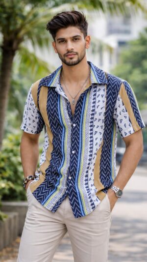 Men's Deep Navy blue & Off-white Viscose-Spandex, Relax Fit, Half Sleeve, Geometric Print, Casual Shirt