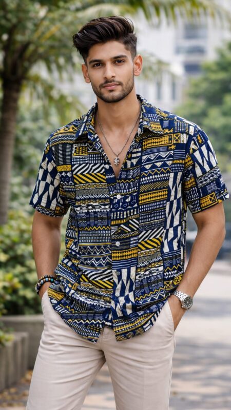 Men's Multicolor, Viscose-Spandex,Half Sleeve, Oversized Fit, Geometric Print, Casual Shirt.