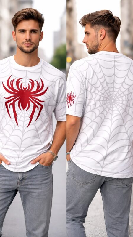 White Grey & Red Palette Fabric Cotton Loopnet, Drop Shoulder.Half Sleeve, length Regular Pattern Spider Garphic Casual Tshirt