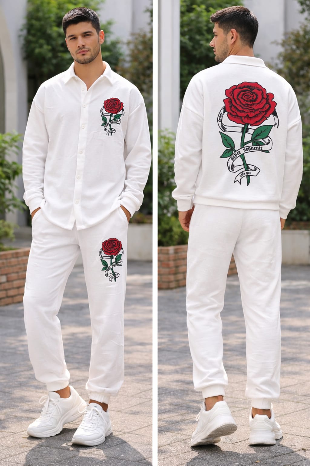 Men’s Full Sleeve Relaxed Fit Casual Co-ord Set (White Rose Print) - Image 2